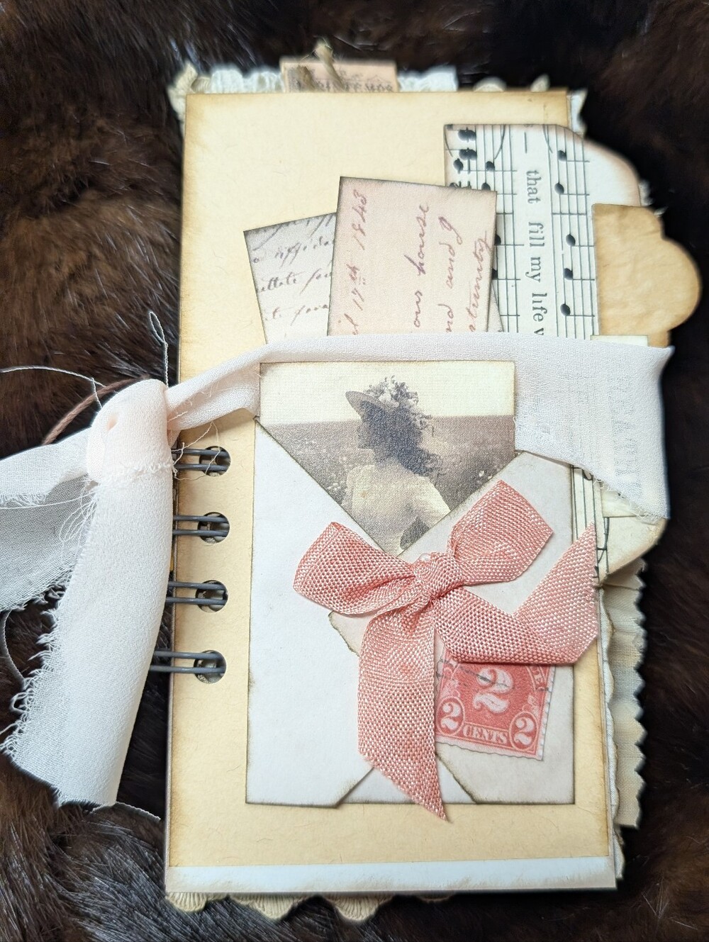 OOAK Vintage Haberdashery Handmade Journal Book Tea Stained Paper Lace Chiffon